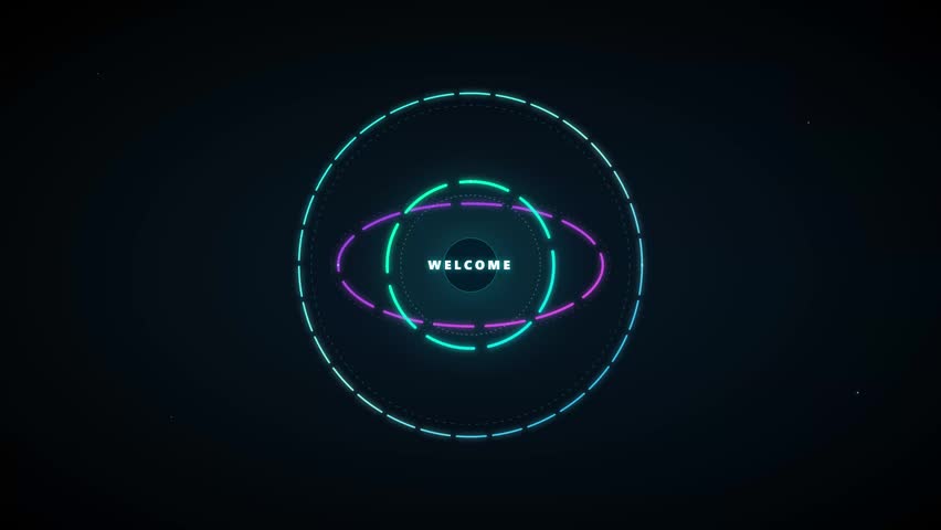 A stylish motion graphic featuring the word Welcome centered within spinning neon rings on a dark background.