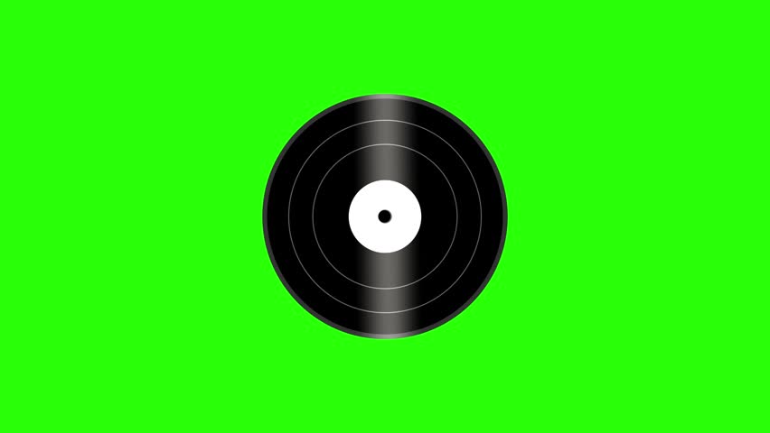 Animated vinyl record icon loop on green screen background, spinning record player music graphic element chroma key
