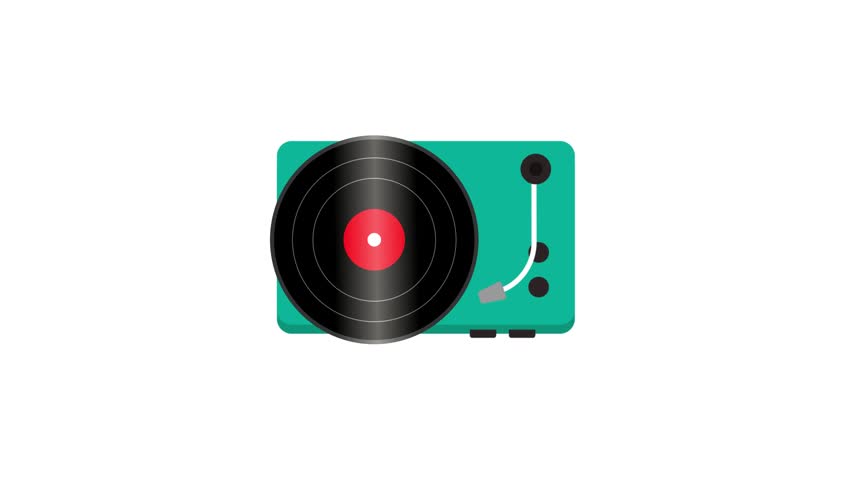 Animated turntable icon loop on white background, vinyl record player music motion graphic element