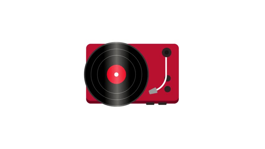 Animated turntable icon loop on white background, vinyl record player music motion graphic element