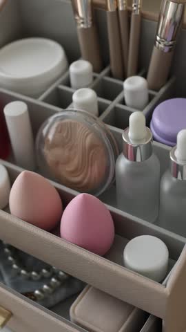 Different makeup products in holder on white table indoors, closeup. Camera moving out