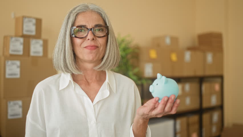 Woman with grey hair holding a blue piggy bank and pointing finger to chest in a building filled with parcel boxes; entrepreneurial pride thrift.
