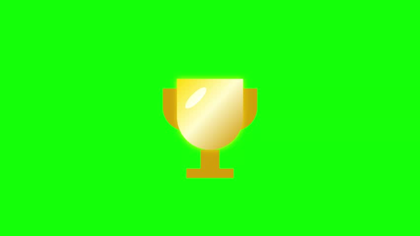 Minimalist 2D gold trophy animation on green screen for chroma keying. Features a shining cup and star sparkle, symbolizing achievement, victory, and excellence in sports or competition.