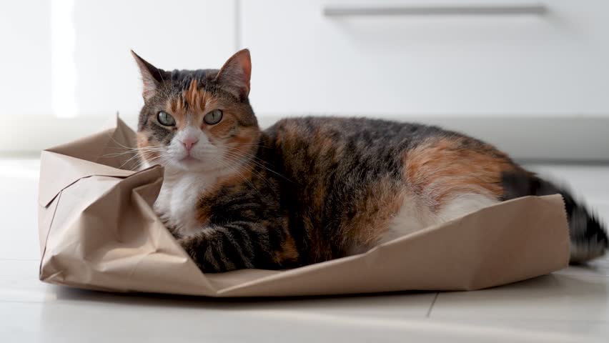 Relaxed domestic calico cat resting on paper bag after playing whole day, tricolor kitty chilling on shopping bag at home. Feline habits. Pet life