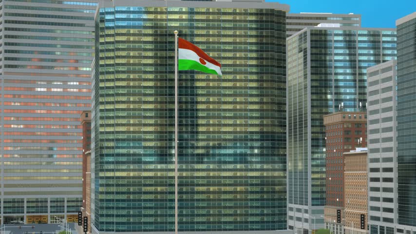 Niger Flag on Pole, Modern Business District Buildings - Daytime View