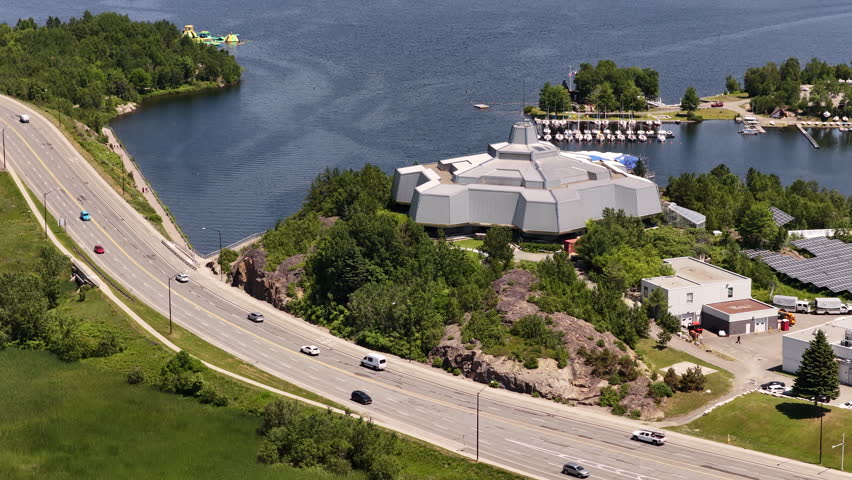 Science north descending view aerial in sudbury ontario