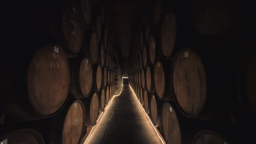 Rows of oak tequila barrels rest inside a dimly lit aging cellar within a traditional distillery. The illuminated aisle creates depth while highlighting organized storage, wood texture and the careful maturation process behind premium agave spirits. The scene represents craftsmanship, patience, heritage, quality, industrial production and the authentic tequila tradition of Jalisco, Mexico.