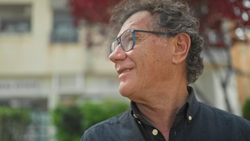 Man wearing glasses turns head to right on a street, profile view with slight smile, visible face and curly hair, button shirt near building facade and red leaf tree; calm contemplation.