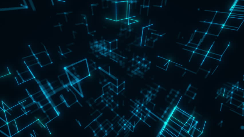 Blue luminous cubes forming a fast-moving immersive tech tunnel.