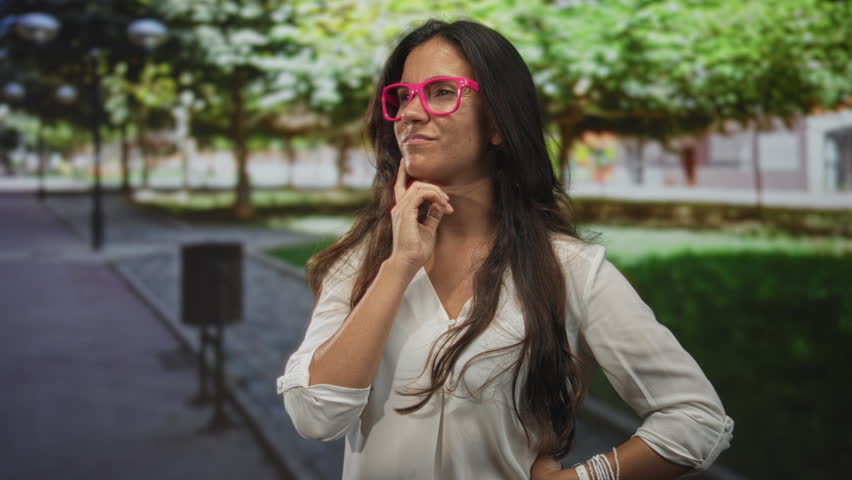 Woman with hand on chin on street near trees and lampposts wearing pink glasses and white blouse, considering her options; thoughtful reflection.