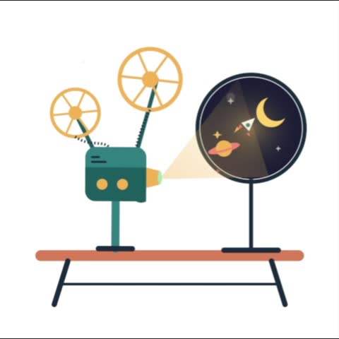 Vintage Retro Movie Projector Playing Outer Space Film Flat Vector IllustrationDescription:Nostalgic flat vector illustration of a vintage cinema projector with rotating film reels standing on a wooden bench. The antique movie machine projects a light beam onto a round screen, displaying a sci-fi outer space scene with a rocket ship, Saturn planet, crescent moon, and stars. Perfect for film festival banners, cinematography history content, retro entertainment blogs, classroom astronomy lessons, movie theater branding, and childhood nostalgia graphic assets.