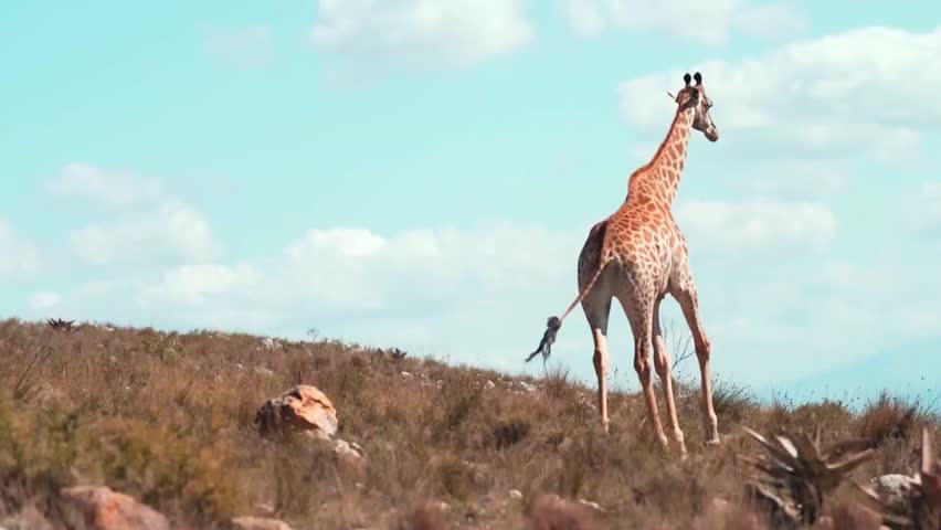 A tall giraffe walks across a dry grassy ridge under a bright blue sky filled with soft white clouds.