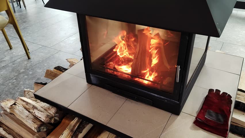 Firewood burns inside a glass fireplace as stacked logs and red gloves rest beside the tiled hearth. The image reflects home heating, winter comfort, energy use, safety, and stress relief.