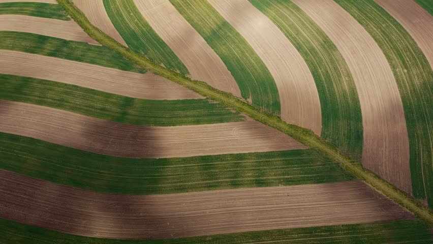 Aerial view of striped agricultural fields with alternating green and brown rows separated by a grassy path in Brno, South Moravian Region, Czechia.