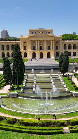 Famous Brazil Independence Museum at downtown Sao Paulo Brazil restorative in 2022. Medieval Building at downtown city. Scenic garden and landmark building of city. Sao Paulo Brazil.
