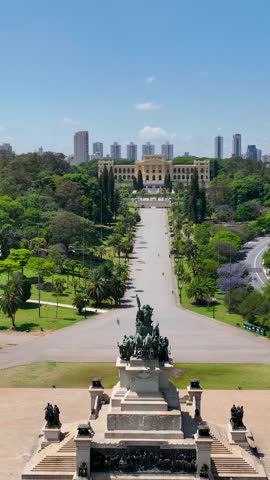 Famous Ipiranga Museum at downtown Sao Paulo Brazil restorative in 2022. Medieval Building at downtown city. Scenic garden and landmark building of city. Sao Paulo Brazil.