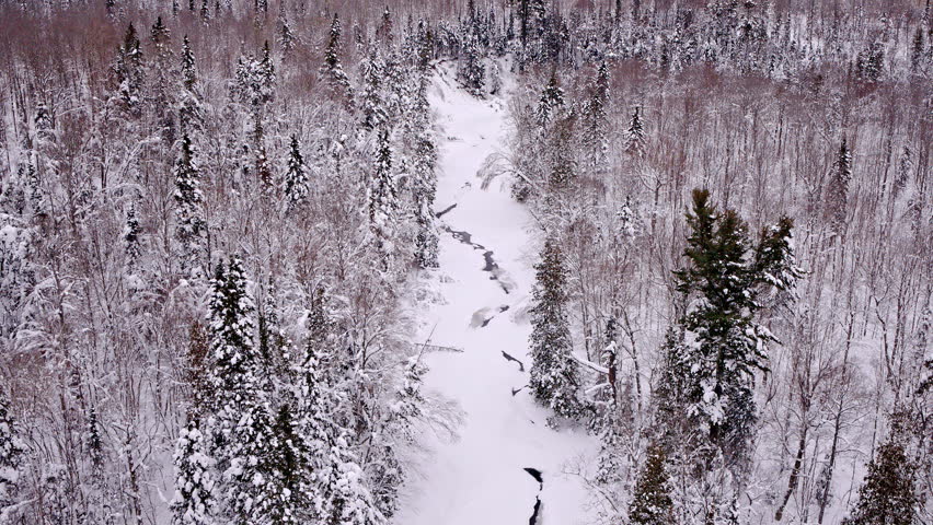 Scenic winter aerial capturing a winding river surrounded by snow-covered woods in Northern Michigan.