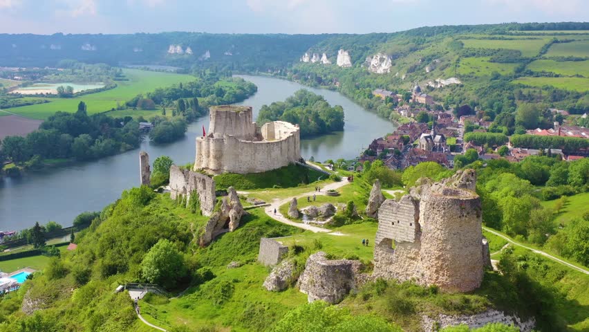 Aerial view of chateau gaillard castle, a historic landmark in france.