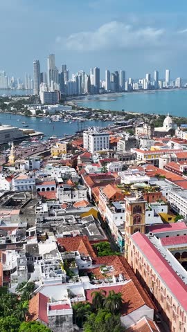 Medieval City At Cartagena De India In Bolivar Colombia. Caribbean Cityscape. Downtown Background. Cartagena De India At Bolivar Colombia. Tourism Landscape. Walled City Landmark.