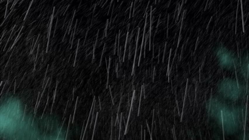 This video shows intense blue lightning bolts flashing across a dark, turbulent sky during a heavy rainstorm with thick falling streaks