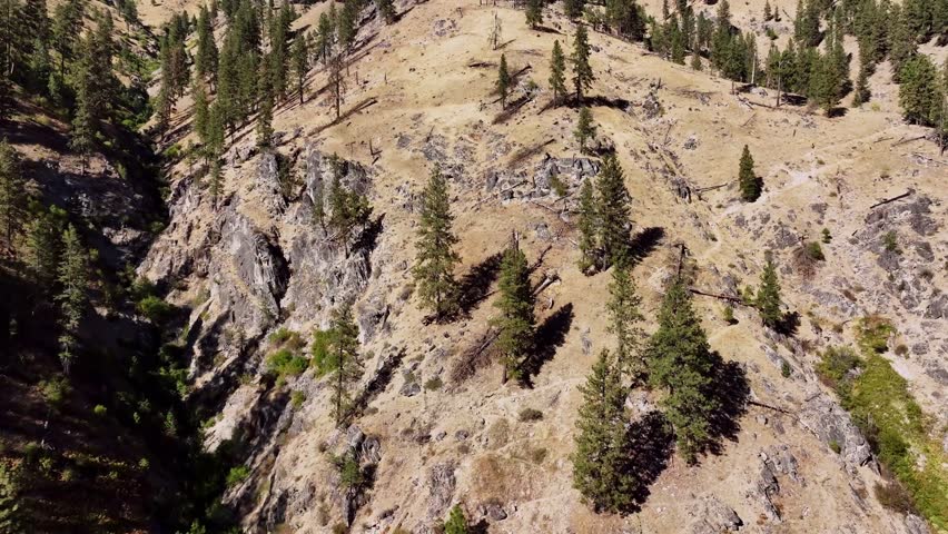 Aerial view of the rugged mountainous terrain and pine forest along Banks Lowman Road in Garden Valley, Idaho, United States.