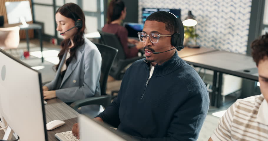 Men, agent and fist bump with computer in call center for winning, sale or good news. Happy, male people or coworking with consultant for achievement, bonus deal or CRM promotion in work agency