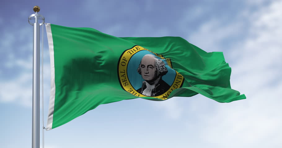 Washington state flag waving on a clear day. Dark green field with a seal showing the picture of George Washington in the middle. Seamless 3d render animation. Slow motion loop. Selective focus