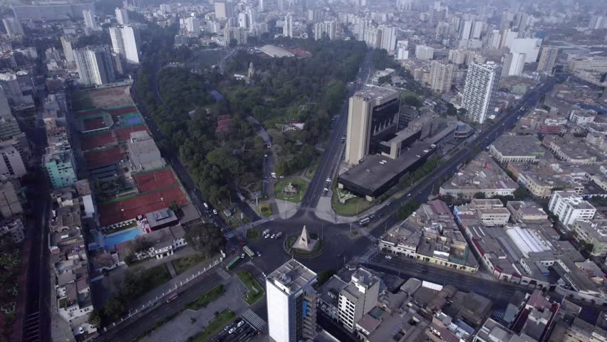 Aerial view of Campo de Marte park surrounded by urban buildings and roads in the city center of Lima, Lima Province, Peru.