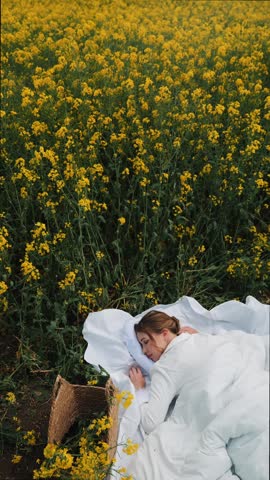 A woman lies peacefully on a blanket surrounded by vibrant yellow flowers under the sun, enjoying nature.