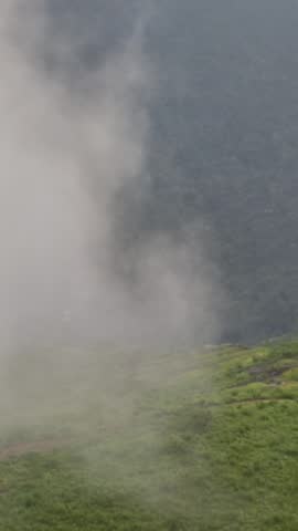 ​Thick white fog and mist rolling over a lush green mountain slope with dense forest in the background