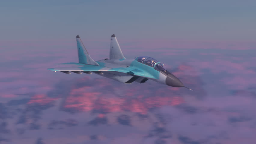 A multirole fighter flies above the clouds. Production Quality seamless loop in 4k resolution, ProRes 4444 codec, 30 FPS.