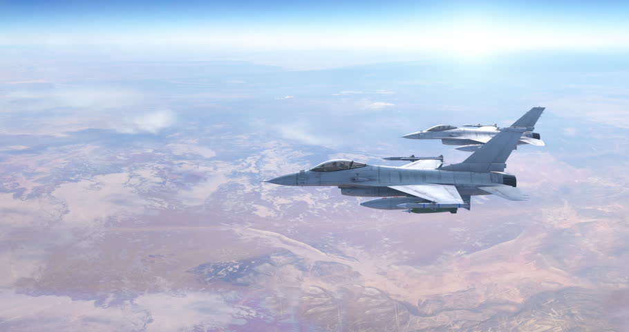 Two F-16 fighter jets flying over desert terrain at high altitude. War Related 3D Animation.