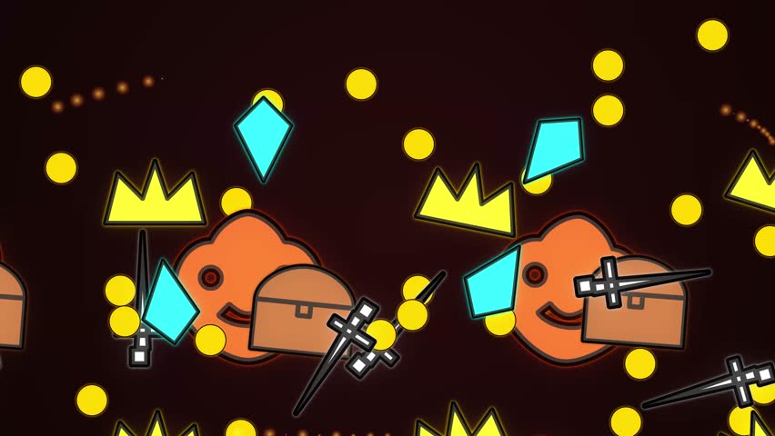 Vibrant 2D game assets featuring pumpkins, treasure chests, crowns, and gems on a dark background.