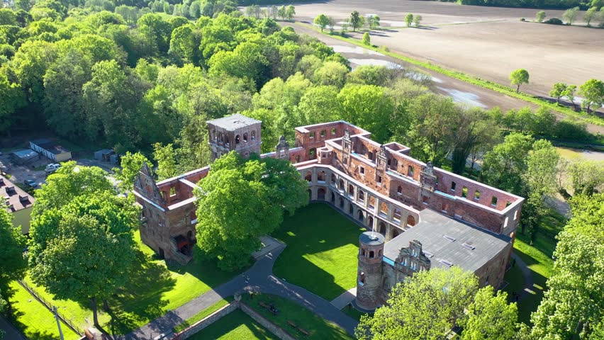 Aerial 4k video of palace ruins in Tworkow village in Silesia region of Poland