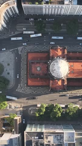 Rio de Janeiro at night, Brazil. City center. Aerial view, establishing shot. Candelaria church.