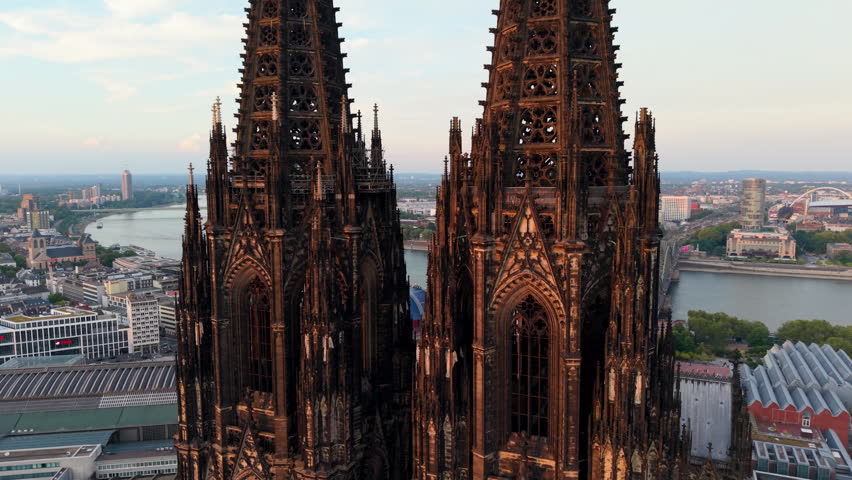Aerial View of Cologne Cathedral and the surrounding city landscape at sunset. Germany