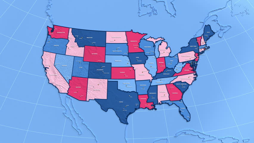 Looped 3D election map animation of the United States zooming into Connecticut state, featuring red, blue, purple and green political outcome variations.
