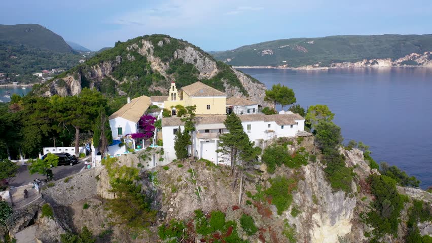 View with monastery buildings in Palaiokastritsa village, Corfu Island, Greece