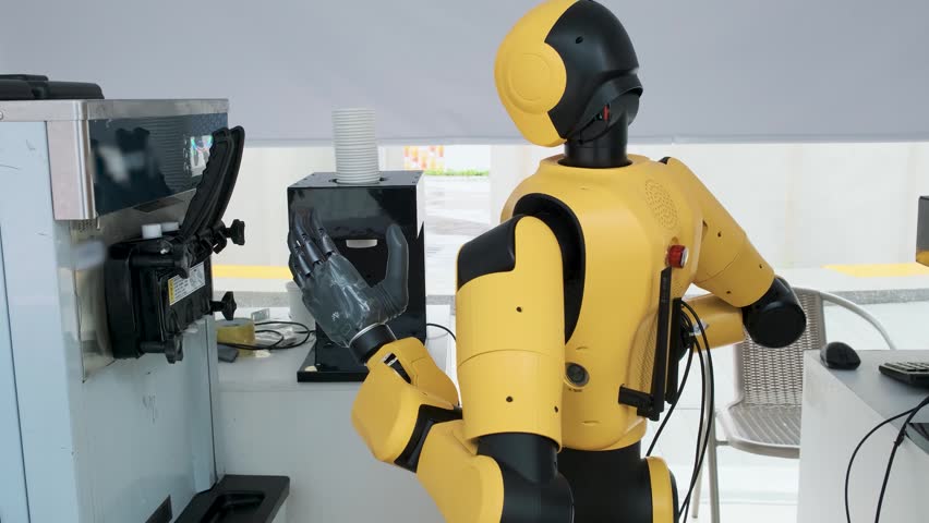 Humanoid robot dispenses soft serve ice cream into a cup in Shenzhen, China. Artificial intelligence, robotics, service automation, smart hospitality, future food preparation and service technology
