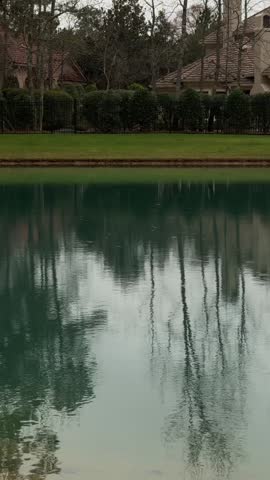 Static shot of house and tall trees reflected with gentle ripples in residential pond along manicured shoreline under overcast sky
