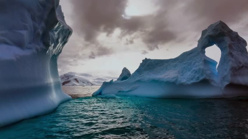 Dramatic view of a large, sculpted iceberg with a natural archway floating gracefully in dark blue ocean water under a cloudy polar sky.