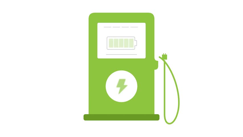 Flat vector illustration of a green electric vehicle charging station with battery filling animation on white background