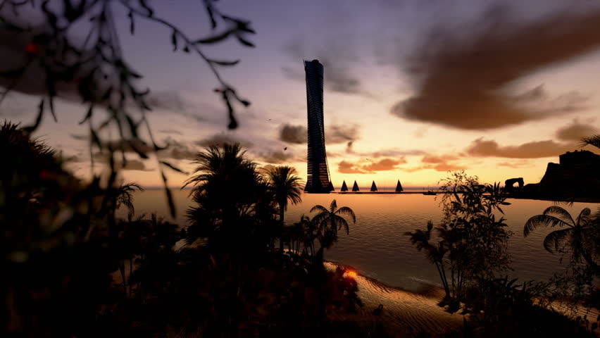 Tropical Island, Hotel on Coastline and yachts at sunset, timelapse sunrise