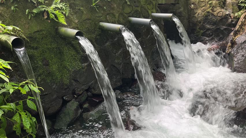 Fresh spring water flowing from multiple pipes into a rocky stream in a forest park