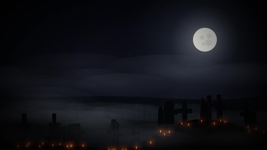 Spooky Graveyard Night Full Moon and Bats Halloween Background Loop