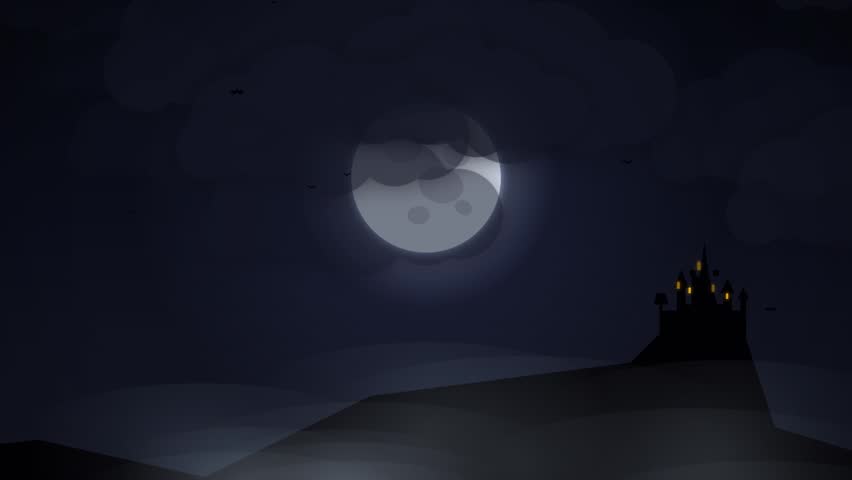 Spooky Halloween Haunted Castle Night with Full Moon Animation