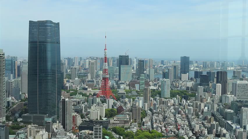 High angle view of Tokyo, Japan, with Tokyo Tower on the left, skyscrapers, city blocks and distant bay creating a scenic urban panorama. Urban travel and city life concept