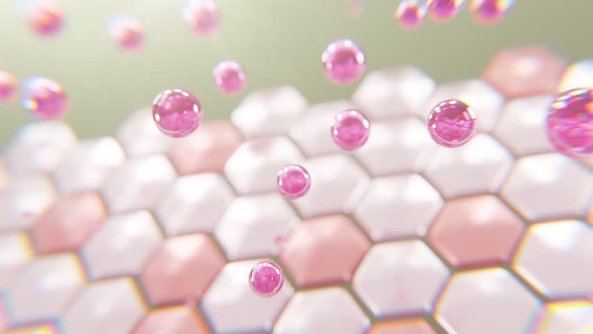 Macro animation of a serum droplet penetrating the skin surface, hydrating cells, strengthening the skin barrier, stimulating collagen renewal, and showcasing premium cosmetic biotechnology for healthy glowing skin.