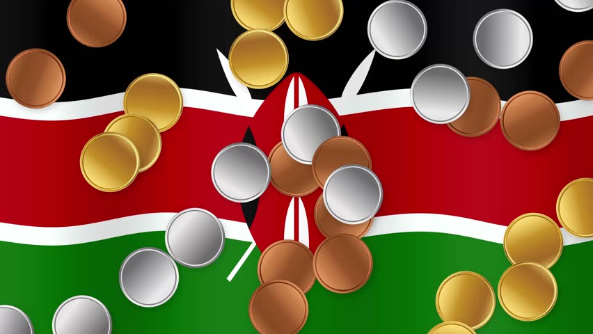 Animated gold, silver, and bronze coins fall continuously over a waving national flag of Kenya.
