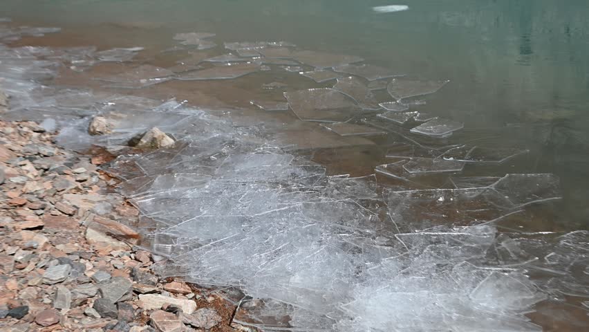 Transparent ice fragments are gently pushed onto a rocky shoreline by calm water, showcasing the cold beauty of a winter lakeside scene.